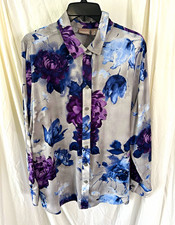 Chico’s Women’s XL Gray Purple Blue Floral Woven Collared Button-Up Blouse picture