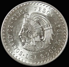 1947 SILVER MEXICO 5 PESO CHIEF CUAUHTEMOC COIN picture