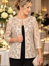 Chico's Travelers Laser Lace Champagne Gold Scroll Jacket Topper Size 1- Med picture