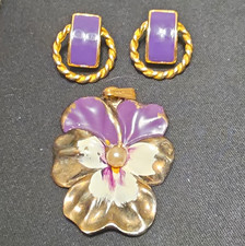 Vintage Purple Enamel Pansy Pendant & Coordinating 80s Gold Tone Hoop Earrings S picture
