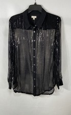 Pilcro Women's Black Sequin Mesh Long Sleeve Button Down Shirt Sz M NWT picture
