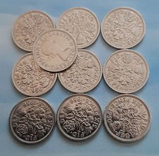 Vintage 1956 UK Sixpence Coin Set, Lucky Wedding Gift, Polished, 10 Coins picture