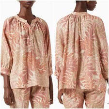 Natalie Martin Silk Beige Palm Print 3/4 Sleeve Remy Popover Blouse Top Medium picture