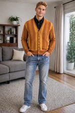 Vintage Wickbury Wool Alpaca Gold Vertical Striped V-Neck Sweater Men’s Size XL picture