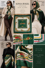 Sonia Rykiel Vintage Silk Scarf 100% Silk Carriage Carriage Green 86x86 picture