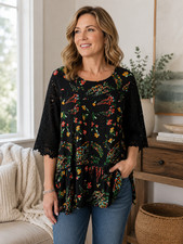 Suzanne Betro Women's Tiered Tunic Top Size L Black Floral Crochet Sleeve Boho picture