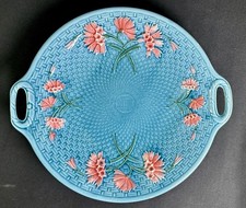 Antique Zell German Majolica Basketweave Cornflower Handled Platter Tray picture