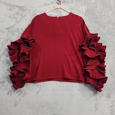 Gracia Top Women L Red Burgundy Pleated Ruffled Sleeves Exposed Zip Blouse Party picture