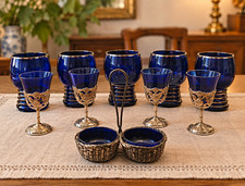 Vintage/Retro Blue Glass Goblets 5 oz Gold Tone Metal Stem Set, Service for 8 picture