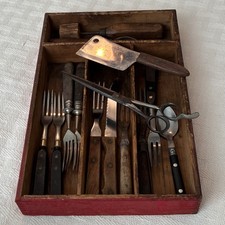 Vintage primitive wooden Cuttery tray & mixed antique silverware lot 15 pc  plus picture