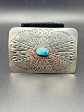 Vintage R. Peter Navajo Sterling Silver Turquoise Belt Buckle Hand Stamped 30.7g picture