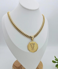 Gold Initial Necklace, 14k Heavy Plated Gold, 7mm Curb Chain For Men picture