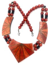 Handcrafted Red Coral Bib Necklace Beaded Geometric Pendant Black Disk Statement picture