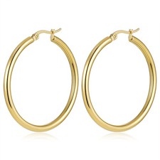 14K Real Solid Yellow Gold Shiny Polished Round Creole Hoop Earrings All Sizes picture