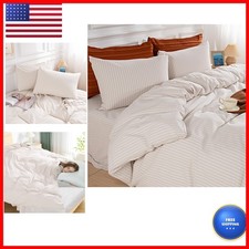 NEXHOME PRO Striped Duvet Cover Super King 100% Washed Cotton 3 Piece White picture