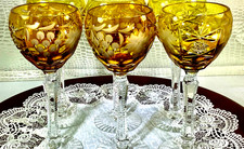 Cut to Clear Glass Crystal 8” Set of 6 Nachtmann Amber Yellow Hock Wine Glasses picture