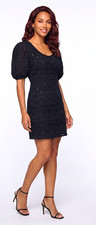ZARA Women’s Black Eyelet V-Neck Puff Short Sleeve Button mini dress Sz M picture