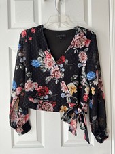 Abbeline Black Floral Wrap Blouse with Multicolor Blooms picture
