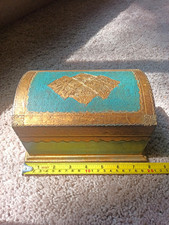 Vtg 1960s Italian Florentine Wood Jewelry Box Domed Chest Turquoise Gold MCM Reg picture