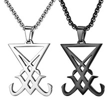 Sigil of Lucifer Pendant Necklace Mens Satanic Amulet Stainless Steel Chain 24