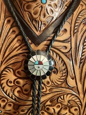 Zuni Sunface Inlay Vintage Classic Bolo Tie Turquoise MOP Jet 1” Sterling Tips picture