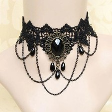 Gothic Black Lace Choker Necklace Vintage Victorian Crystal Collar Steampunk Jew picture