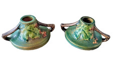 VINTAGE ROSEVILLE POTTERY GREEN BUSHBERRY CANDLE HOLDERS #1147-2 PAIR USA picture