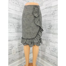 Rebecca Taylor Plaid Ruffle Skirt Black White Glen Check Midi Women 8 picture
