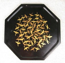 Zohiko of Kyoto Lacquered Tray Octagonal Gilt Copper Cranes 10-1/2 inch Tall picture