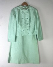 Vtg 60s Sakowitz Mint Green Dress Jacket Set Beaded Rhinestone Collar Suit Sz 12 picture