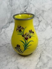 Vintage Japanese Cloisonne Vase Yellow Enamel Irises Silver Tone Rim 5 Inch picture
