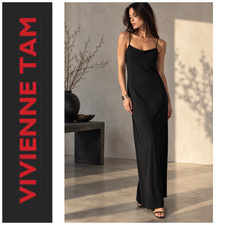 Vintage 1990's Vivienne Tam Sz 3 L Black Maxi Slip Dress Stretch Minimalist picture