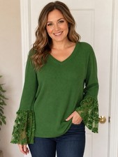 Cato Plus Women’s 18/20W Hunter Green Sweater Embroidered Mesh Flare Sleeve NWT picture