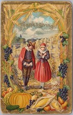 c1910s THANKSGIVING Embossed Postcard Pilgrim Man & Woman Praying in Corn Field picture