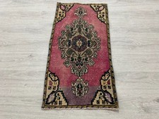 Small Turkish Vintage Rug 1.6x3.2 ft Pink Floral Medallion Handwoven Wool Rug picture