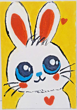 ACEO Original Painting Cute White Rabbit Bunny Hearts Whimsical Folk Art OOAK picture