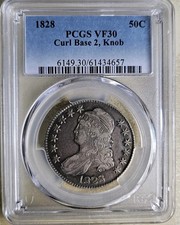 1828 Curl Base 2, Knob Capped Bust Half Dollar O-107 PCGS VF30 Very Fine Key picture