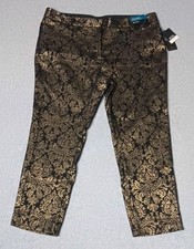 NWT Worthington Slim Ankle Slacks Dress Trousers 16 Gold Metallic Damask Preppy picture