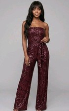 NWT LULUS Flirty Moves Wine Red Sequin Strapless Wide-Leg Jumpsuit Size M picture