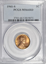 1941-S LINCOLN CENT ~ NICE BRIGHT RED PCGS MS66 RD INV#071 picture