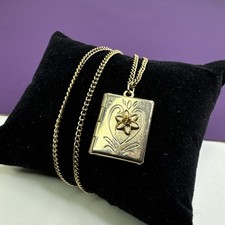 Vintage Book Locket Necklace Gold Tone Orange Rhinestone Flower Heart picture
