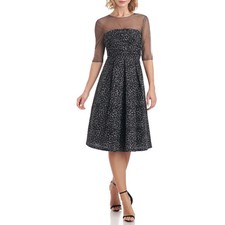 JS Collections Black & Silver Cocktail Dress Sequined Midi Fit and Flare Size 12 picture
