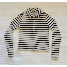 Madewell Nautical Hamptons Preppy Cotton Navy White Striped Ribbed Zip Front S picture