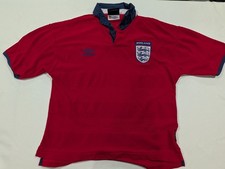 Vintage 1999–2001 Umbro England Away soccer jersey  red w/ navy blue collar UK Y picture