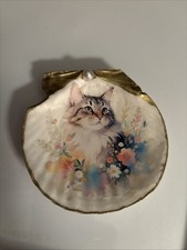 Fluffy Tabby Cat Shell Ornament Trinket Dish Bowl 4”Handmade Decoupaged OOAK picture