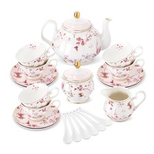21 Pieces British Pink Autumn Leaves Floral Porcelain Tea Set picture