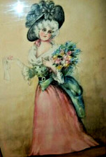 1890s Victorian Watercolor Painting French Lady Pompadour Chippy Gilt Frame picture