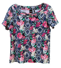 NEW RAFAELLA Floral Mixed Print Knit Top XL S/S Silvertone 100% Cotton NWOT picture