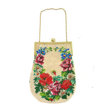 Antique 1920s Micro Beaded Purse Floral Glass Beads Gold Frame Chain Evening Bag picture