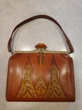 PRISTINE Antique Meeker Made art neuve Hand Tooled Leather Handbag Bakelite Lock picture